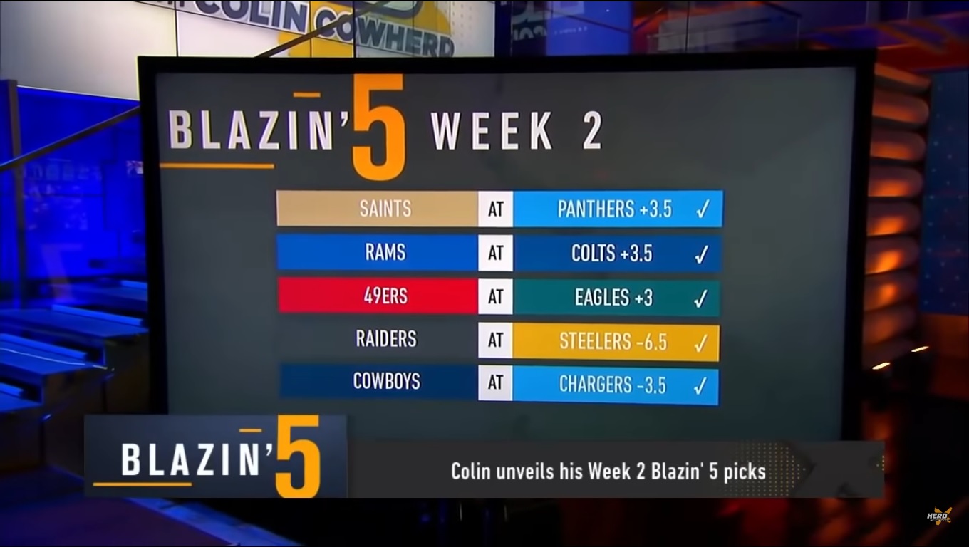 Blazing 5 Colin Cowherd Week 2 NFL Picks 2021 On Fox Sports