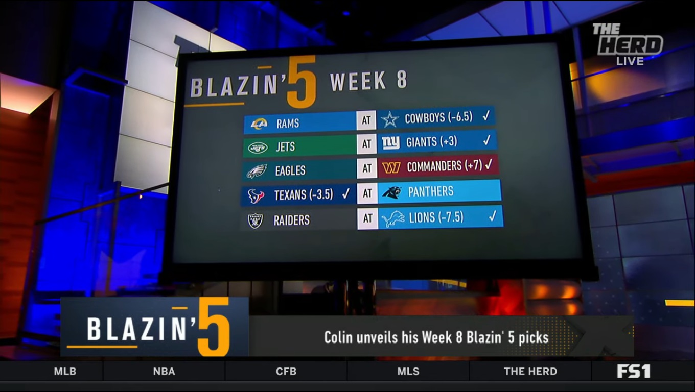 Blazing 5 Colin Cowherd Week 8 NFL Picks 2023 On Fox Sports